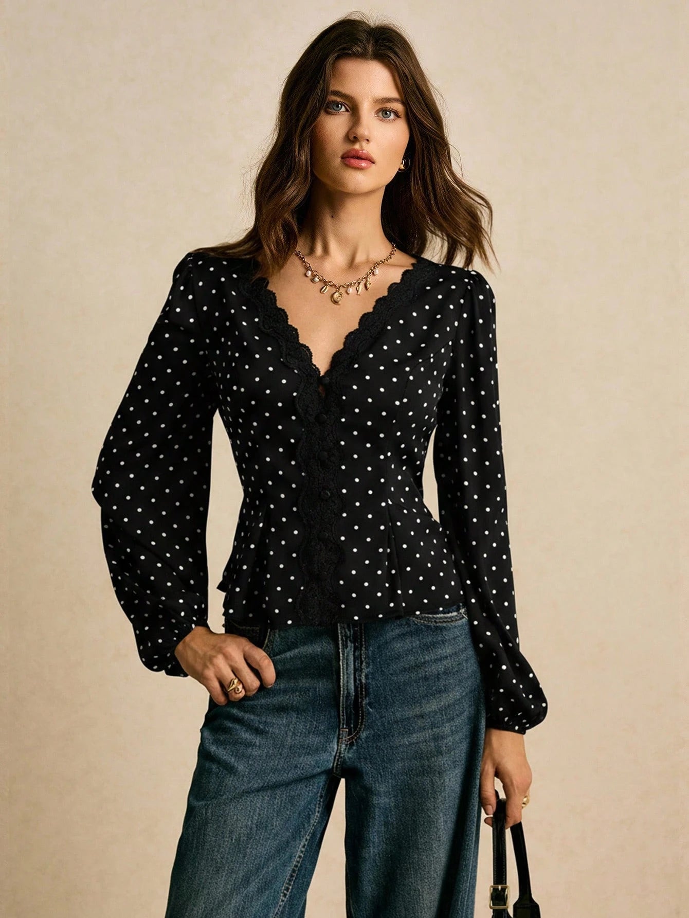 Poéselle Women's V-Neck Lace Patchwork Long Sleeve Polka Dot Waist Shirt, Western Tops Women, Polkadot Top, Black Western Top