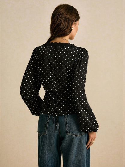Poéselle Women's V-Neck Lace Patchwork Long Sleeve Polka Dot Waist Shirt, Western Tops Women, Polkadot Top, Black Western Top
