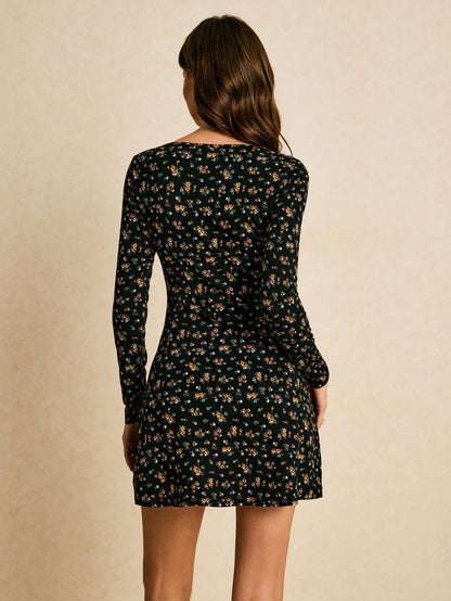 Poéselle Women's V-Neck Long Sleeve Floral Mini Dress Daisy Women Fall Dresses For Autumn Woman Short Daily Date Everyday Black Floral French Vintage