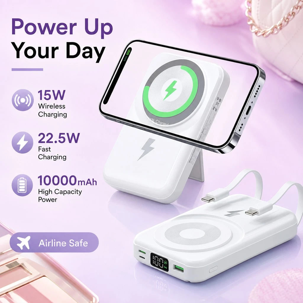 Pocket-Friendly White 10000mAh Wireless Charger With Magnetic Ring And 22.5W Fast Charging, Featuring An LED Status Readout, Magnetic Alignment Circle And Folding Support For Daily Use, Suited To 16