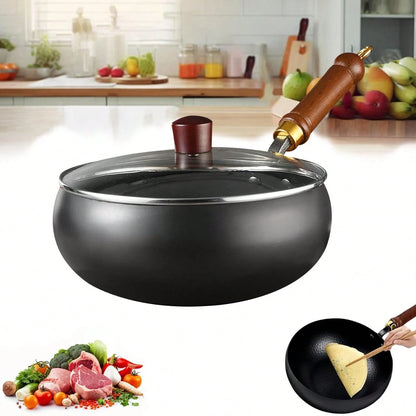 PokEpic Hand-Forged Refined Iron Belly Cauldron Wok- Non-Stick Deep Round Frying Pan With Wooden Handle, Rust-Proof & Easy To Clean, Perfect For Stir-Frying, Braising, And Cooking, Durable Kitchen Es