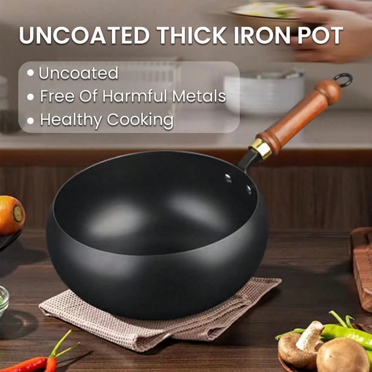 PokEpic Hand-Forged Refined Iron Belly Cauldron Wok- Non-Stick Deep Round Frying Pan With Wooden Handle, Rust-Proof & Easy To Clean, Perfect For Stir-Frying, Braising, And Cooking, Durable Kitchen Es