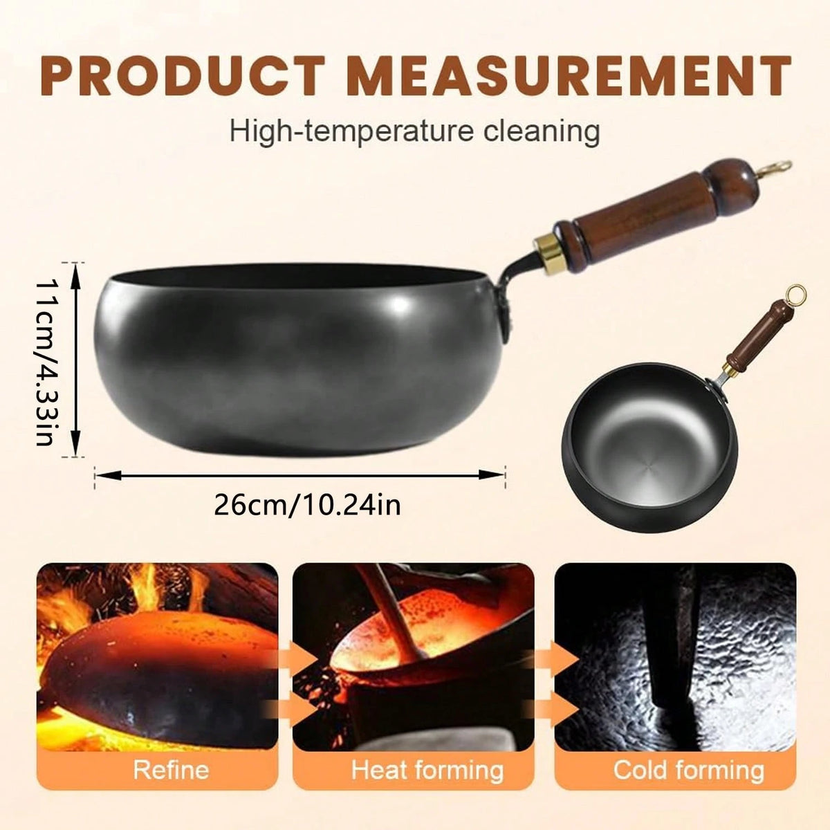 PokEpic Hand-Forged Refined Iron Belly Cauldron Wok- Non-Stick Deep Round Frying Pan With Wooden Handle, Rust-Proof & Easy To Clean, Perfect For Stir-Frying, Braising, And Cooking, Durable Kitchen Es