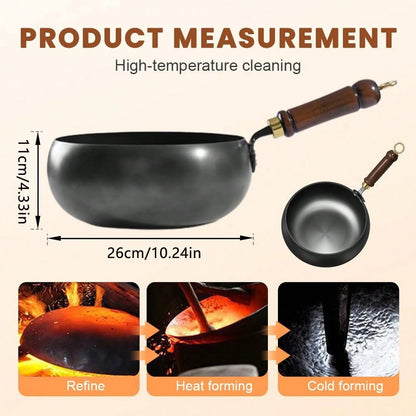 PokEpic Hand-Forged Refined Iron Belly Cauldron Wok- Non-Stick Deep Round Frying Pan With Wooden Handle, Rust-Proof & Easy To Clean, Perfect For Stir-Frying, Braising, And Cooking, Durable Kitchen Es