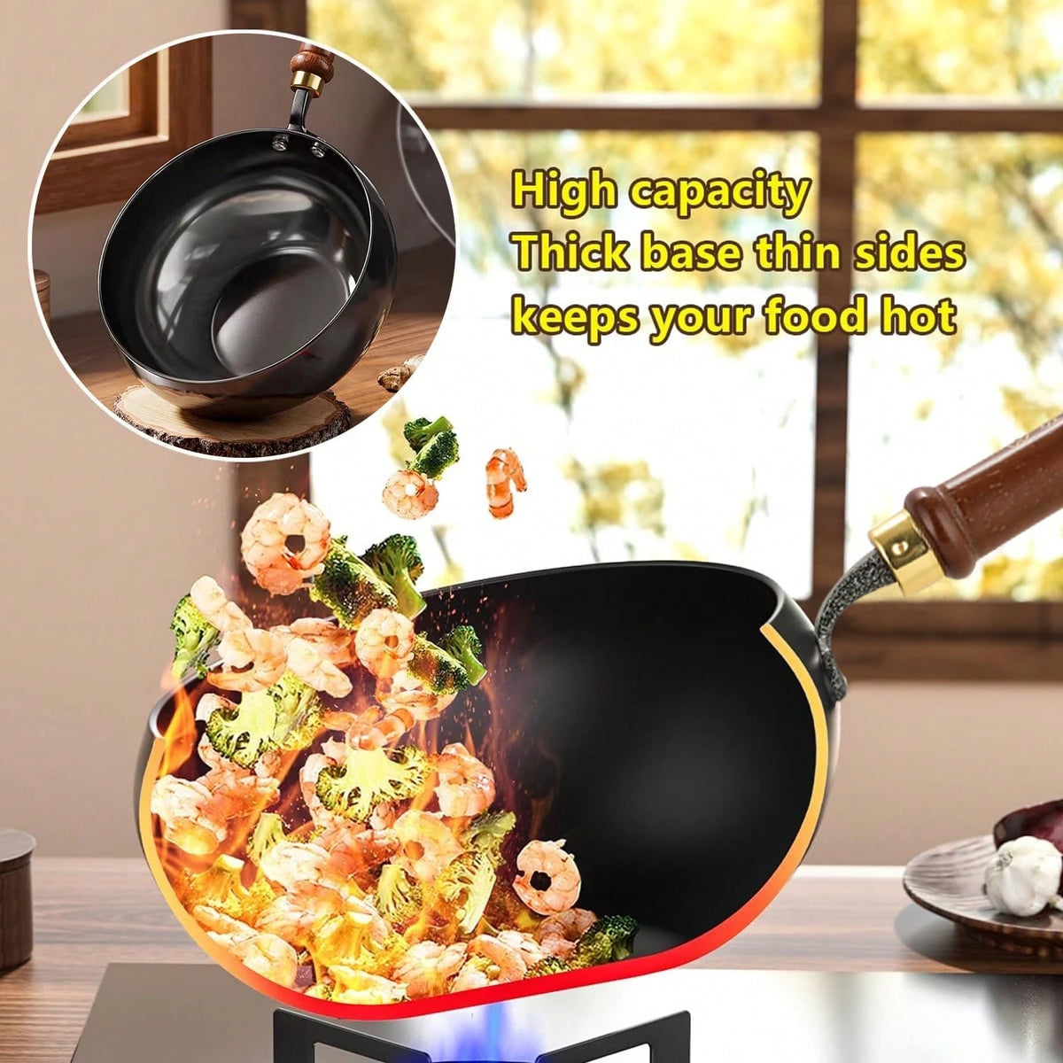 PokEpic Hand-Forged Refined Iron Belly Cauldron Wok- Non-Stick Deep Round Frying Pan With Wooden Handle, Rust-Proof & Easy To Clean, Perfect For Stir-Frying, Braising, And Cooking, Durable Kitchen Es