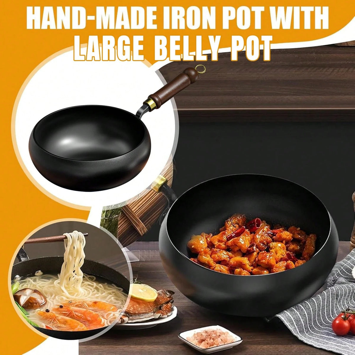 PokEpic Hand-Forged Refined Iron Belly Cauldron Wok- Non-Stick Deep Round Frying Pan With Wooden Handle, Rust-Proof & Easy To Clean, Perfect For Stir-Frying, Braising, And Cooking, Durable Kitchen Es