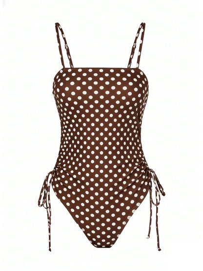 Polka Dot Monokini High Cut Swimwear Retro Swimsuit Ruched Top Side Ties Tropical Holiday Beach Outfit 2026 Women Summer Vacation Chic Strap