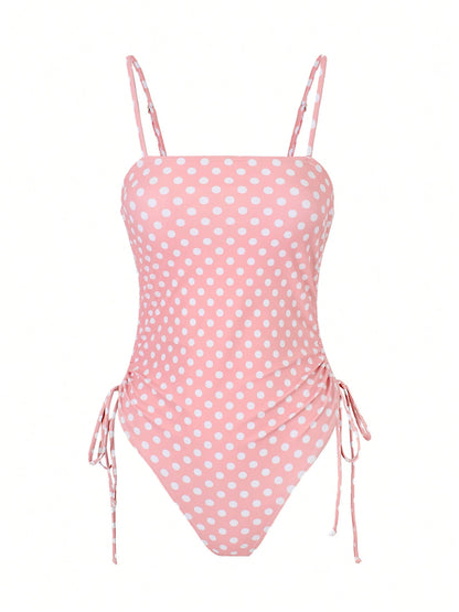 Polka Dot Monokini High Cut Swimwear Retro Swimsuit Ruched Top Side Ties Tropical Holiday Beach Outfit 2026 Women Summer Vacation Chic Strap