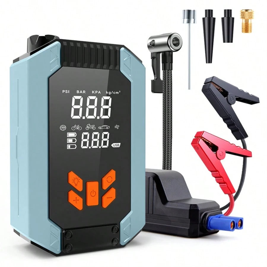 Portable Car Jump Starter With Air Compressor, 12V Battery Booster For 9.0L Gas/8.0L DL, 4000A 150PSI Tire Inflator, Smart Jumper Cables, LED Flashlight, LCD & Tire Pressure Display