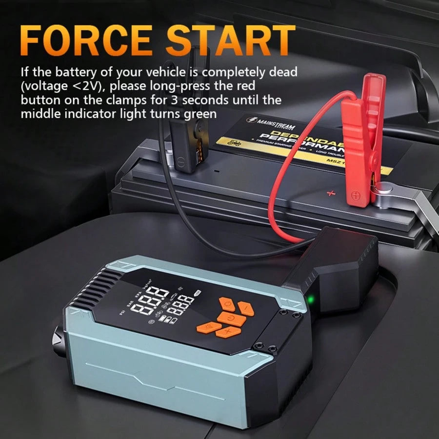 Portable Car Jump Starter With Air Compressor, 12V Battery Booster For 9.0L Gas/8.0L DL, 4000A 150PSI Tire Inflator, Smart Jumper Cables, LED Flashlight, LCD & Tire Pressure Display