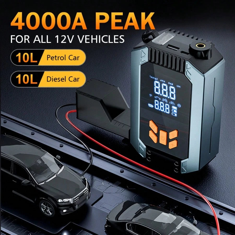 Portable Car Jump Starter With Air Compressor, 12V Battery Booster For 9.0L Gas/8.0L DL, 4000A 150PSI Tire Inflator, Smart Jumper Cables, LED Flashlight, LCD & Tire Pressure Display