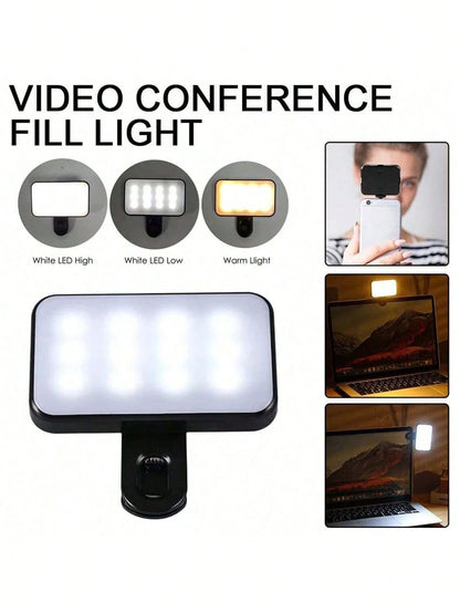 Portable Selfie Light Video Conference Lighting With Clip For Phone Camera, Clip On LED Light For Video Conference, Phone Light, Selfie Light, 3 Lighting Modes, Rechargeable, Portable, Suitable For La