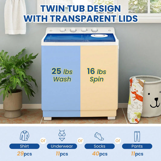 Portable Washing Machine, Twin Tub Washing Machine Laundry Compact Washer Spinner Combo With 41 Lbs Capacity, 25 Lbs Washer And 16 Lbs Spinner Dryer For Apartments RVs And Dorms