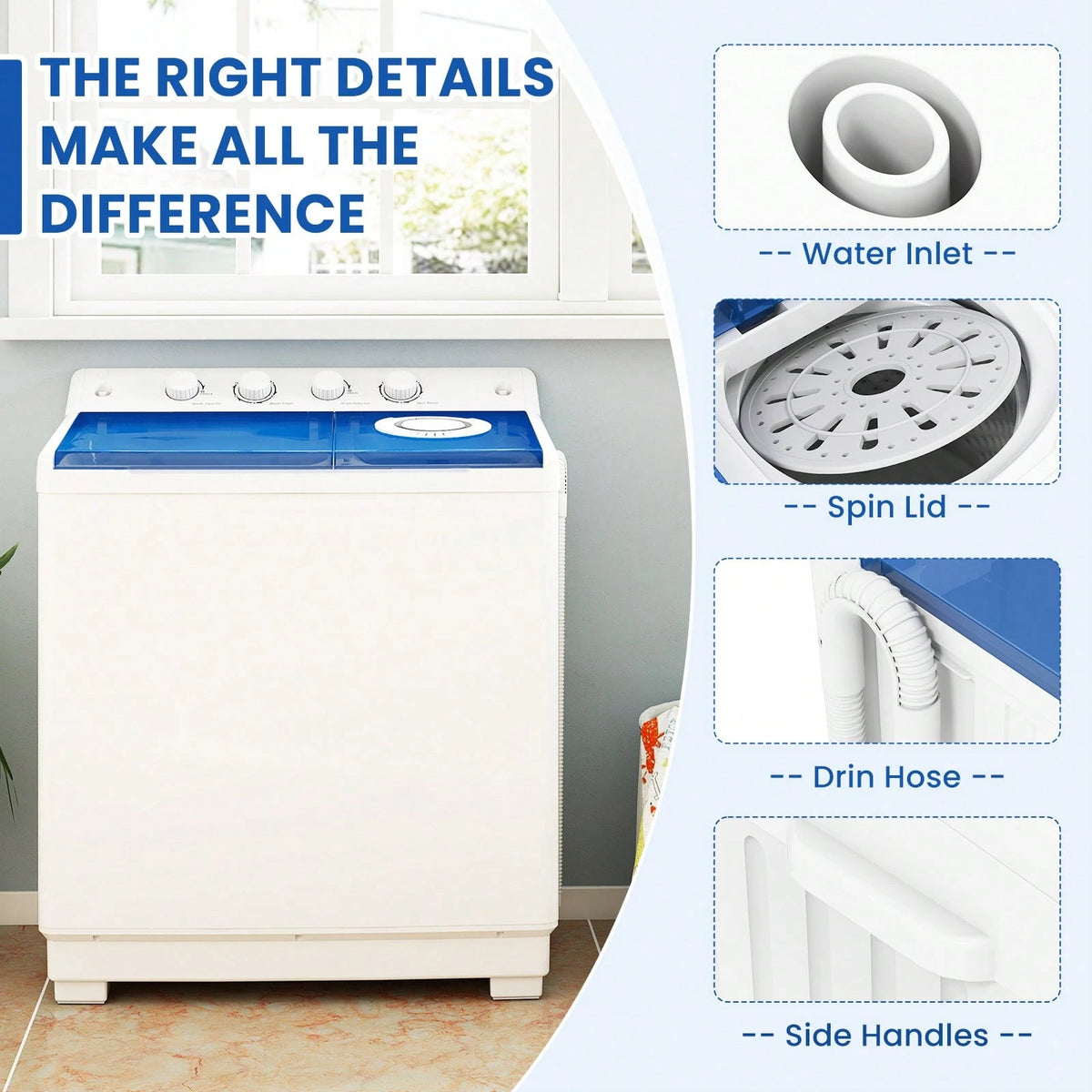 Portable Washing Machine, Twin Tub Washing Machine Laundry Compact Washer Spinner Combo With 41 Lbs Capacity, 25 Lbs Washer And 16 Lbs Spinner Dryer For Apartments RVs And Dorms