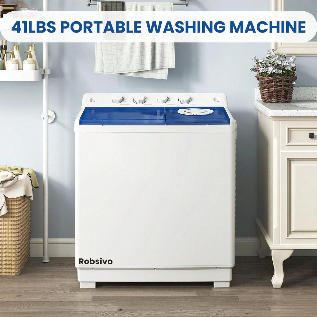 Portable Washing Machine, Twin Tub Washing Machine Laundry Compact Washer Spinner Combo With 41 Lbs Capacity, 25 Lbs Washer And 16 Lbs Spinner Dryer For Apartments RVs And Dorms