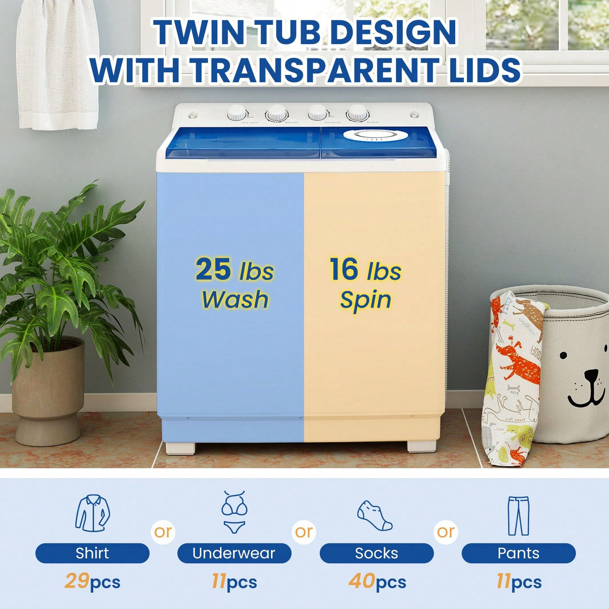 Portable Washing Machine, Twin Tub Washing Machine Laundry Compact Washer Spinner Combo With 41 Lbs Capacity, 25 Lbs Washer And 16 Lbs Spinner Dryer For Apartments RVs And Dorms