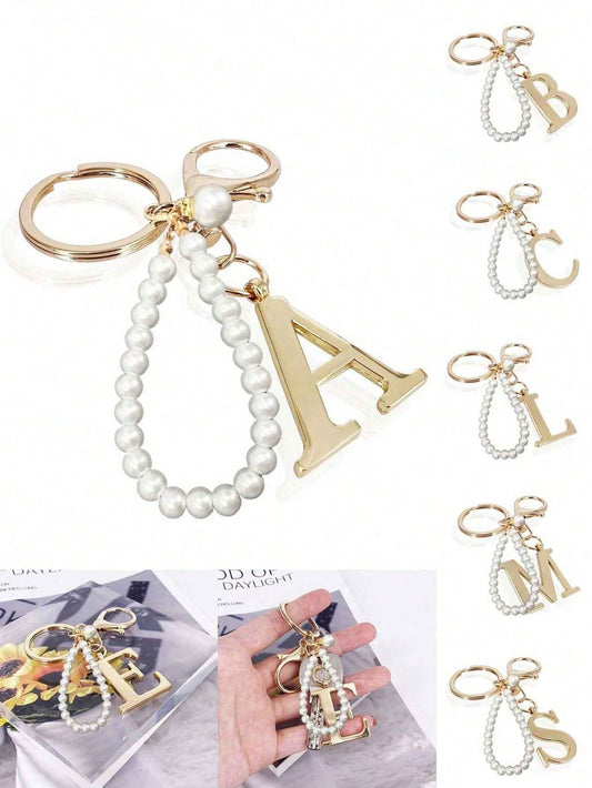 Premium Elegant Gold Pearl Letter Keychain, A-Z 3D Letter Pendant, Elegant Pearl Chain With Sparkling Rhinestones (Detachable Based On Personal Preference) Fashion Alloy Keychain Ring, Earphone Pendan