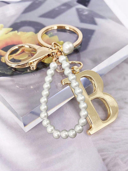 Premium Elegant Gold Pearl Letter Keychain, A-Z 3D Letter Pendant, Elegant Pearl Chain With Sparkling Rhinestones (Detachable Based On Personal Preference) Fashion Alloy Keychain Ring, Earphone Pendan