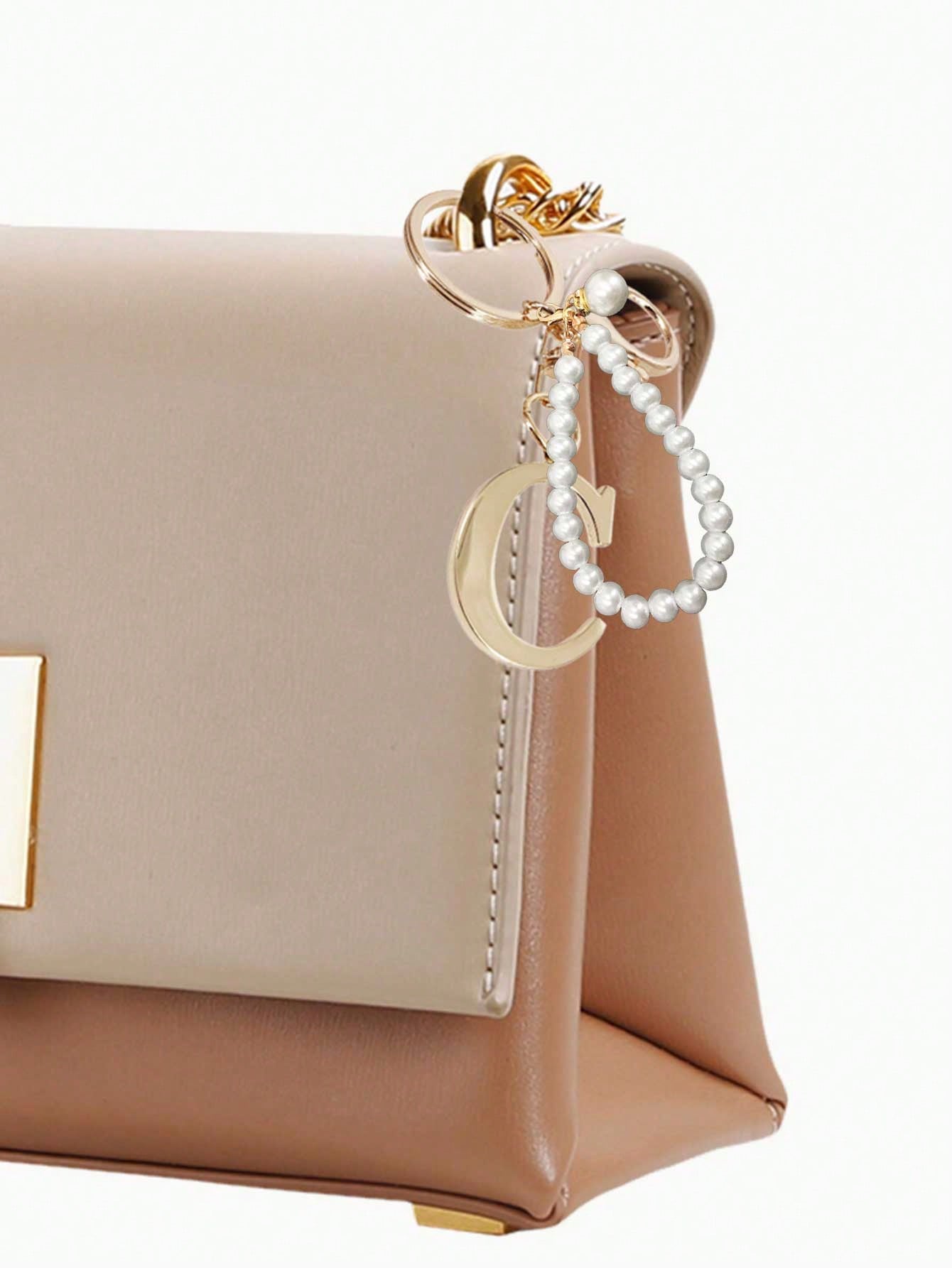Premium Elegant Gold Pearl Letter Keychain, A-Z 3D Letter Pendant, Elegant Pearl Chain With Sparkling Rhinestones (Detachable Based On Personal Preference) Fashion Alloy Keychain Ring, Earphone Pendan
