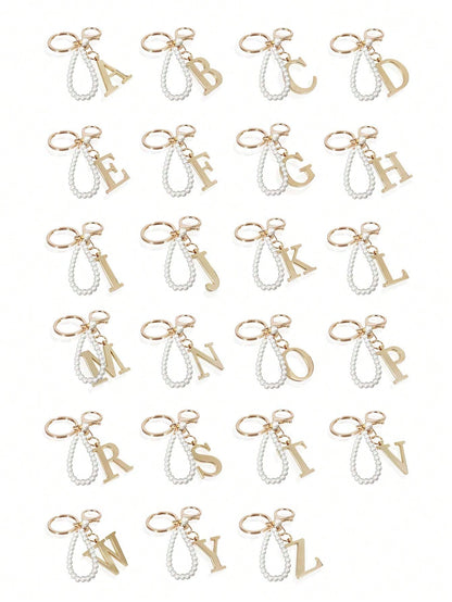 Premium Elegant Gold Pearl Letter Keychain, A-Z 3D Letter Pendant, Elegant Pearl Chain With Sparkling Rhinestones (Detachable Based On Personal Preference) Fashion Alloy Keychain Ring, Earphone Pendan