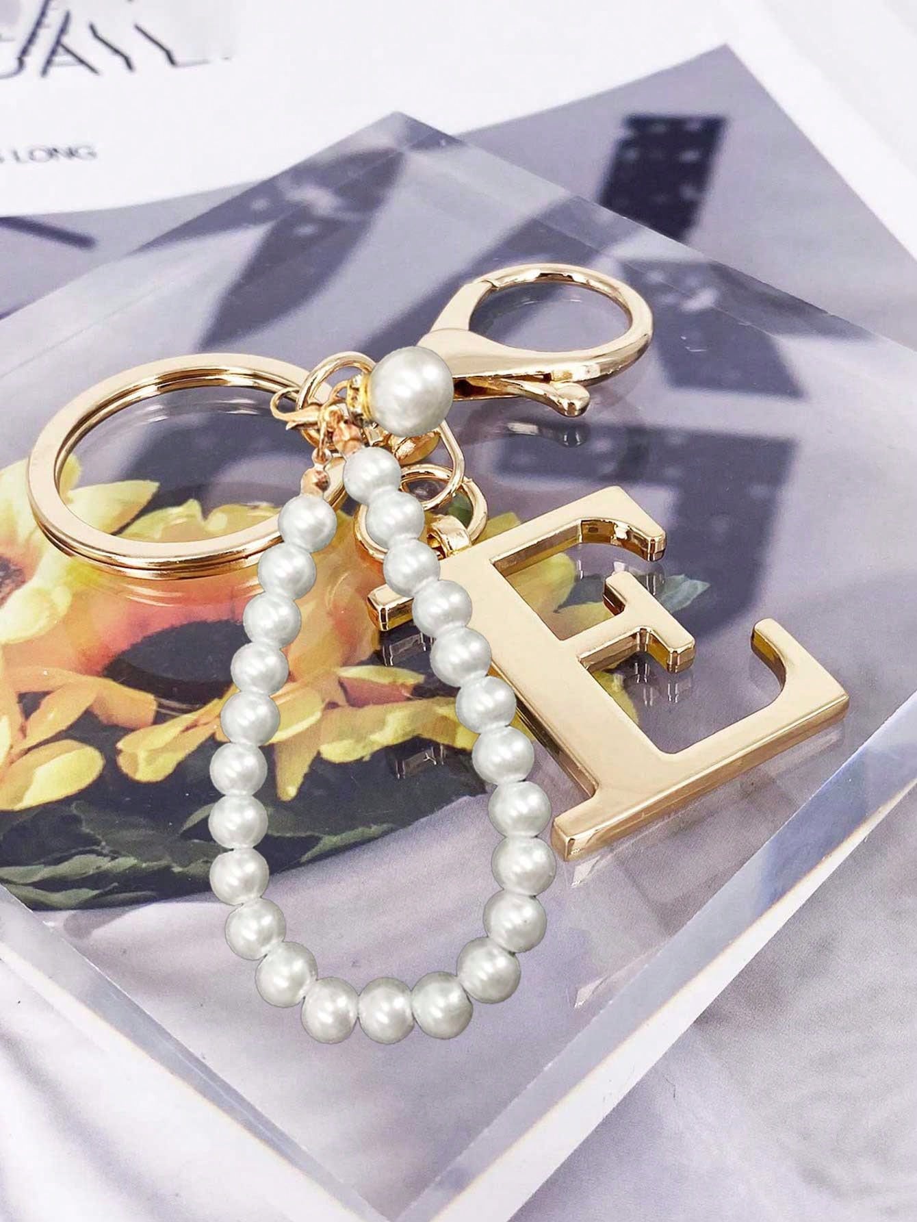 Premium Elegant Gold Pearl Letter Keychain, A-Z 3D Letter Pendant, Elegant Pearl Chain With Sparkling Rhinestones (Detachable Based On Personal Preference) Fashion Alloy Keychain Ring, Earphone Pendan