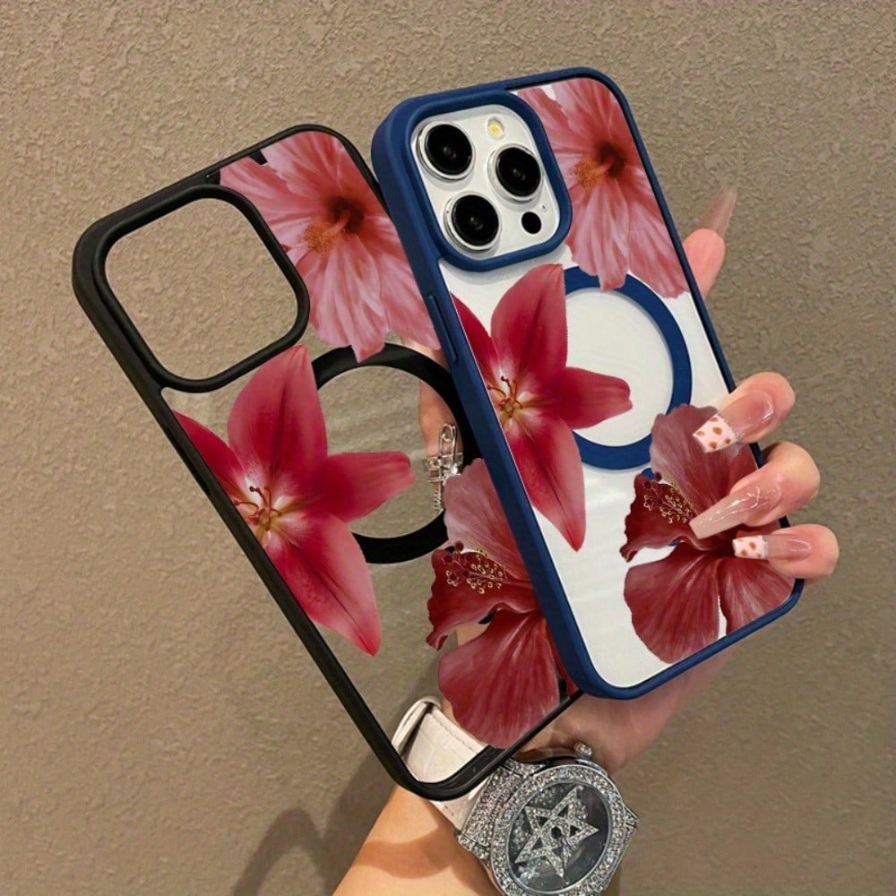 Premium Magnetic Protective Case IPhone11/12/13/14/15/Promax Red Flower Design, Elegant And Beautiful, Ultra-Thin Anti-Drop MagSafe Compatible, Daily Dream Style