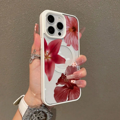 Premium Magnetic Protective Case IPhone11/12/13/14/15/Promax Red Flower Design, Elegant And Beautiful, Ultra-Thin Anti-Drop MagSafe Compatible, Daily Dream Style