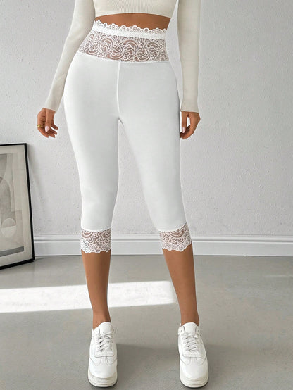 Privé Women's Elegant Basic Simple Lace High-Waist Capri Leggings