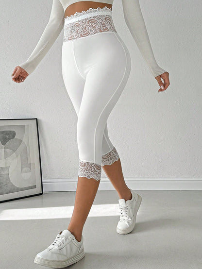Privé Women's Elegant Basic Simple Lace High-Waist Capri Leggings