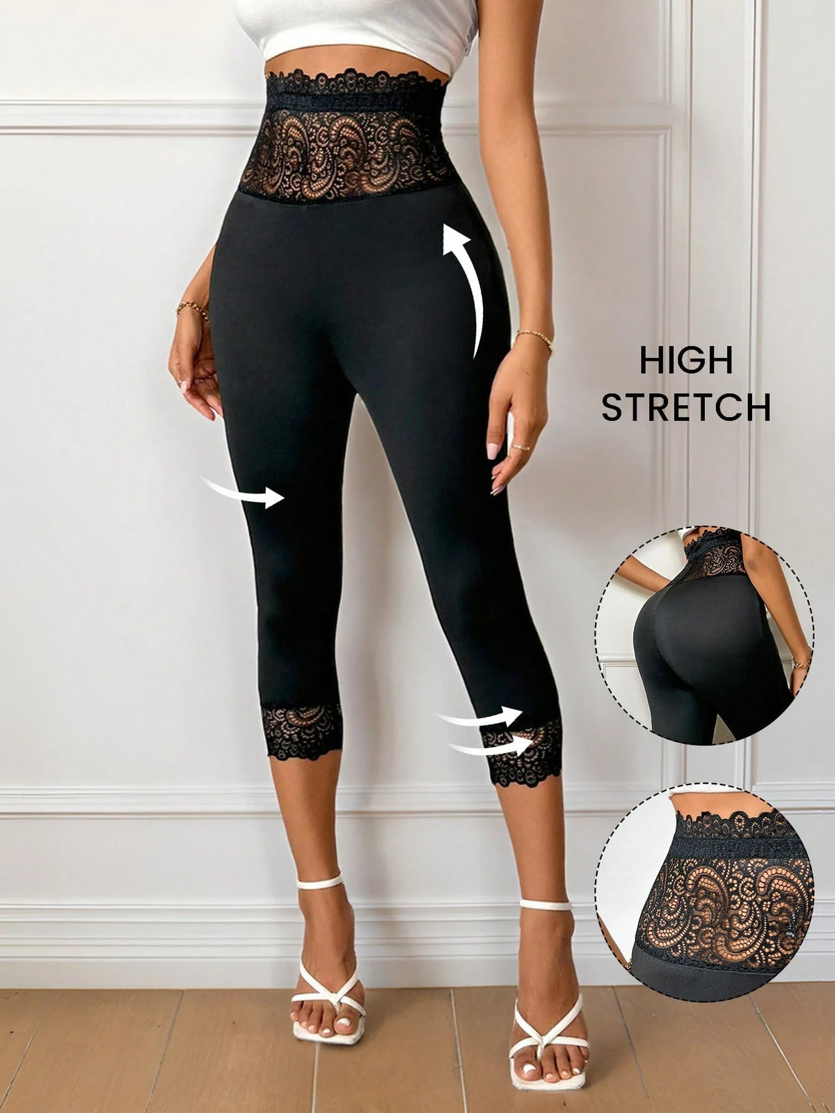 Privé Women's Elegant Basic Simple Lace High-Waist Capri Leggings