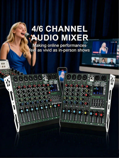 Professional DJ Audio Mixer, 4/6-Channel Sound Mixing Board With 99 DSP Effects, Wireless, 48V Phantom Power, Vocal Removal, For Live Streaming And Recording