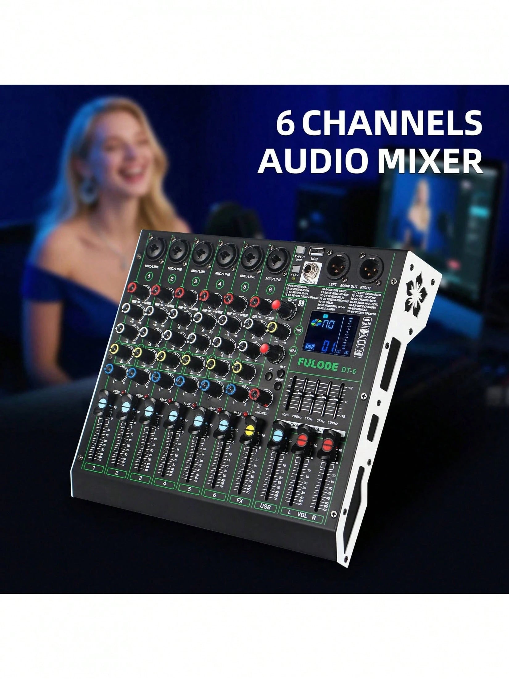 Professional DJ Audio Mixer, 4/6-Channel Sound Mixing Board With 99 DSP Effects, Wireless, 48V Phantom Power, Vocal Removal, For Live Streaming And Recording