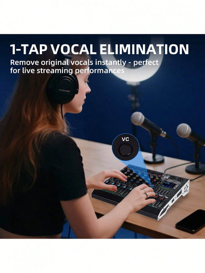 Professional DJ Audio Mixer, 4/6-Channel Sound Mixing Board With 99 DSP Effects, Wireless, 48V Phantom Power, Vocal Removal, For Live Streaming And Recording