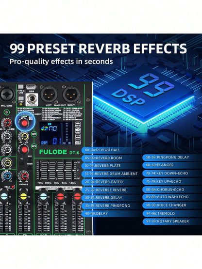 Professional DJ Audio Mixer, 4/6-Channel Sound Mixing Board With 99 DSP Effects, Wireless, 48V Phantom Power, Vocal Removal, For Live Streaming And Recording