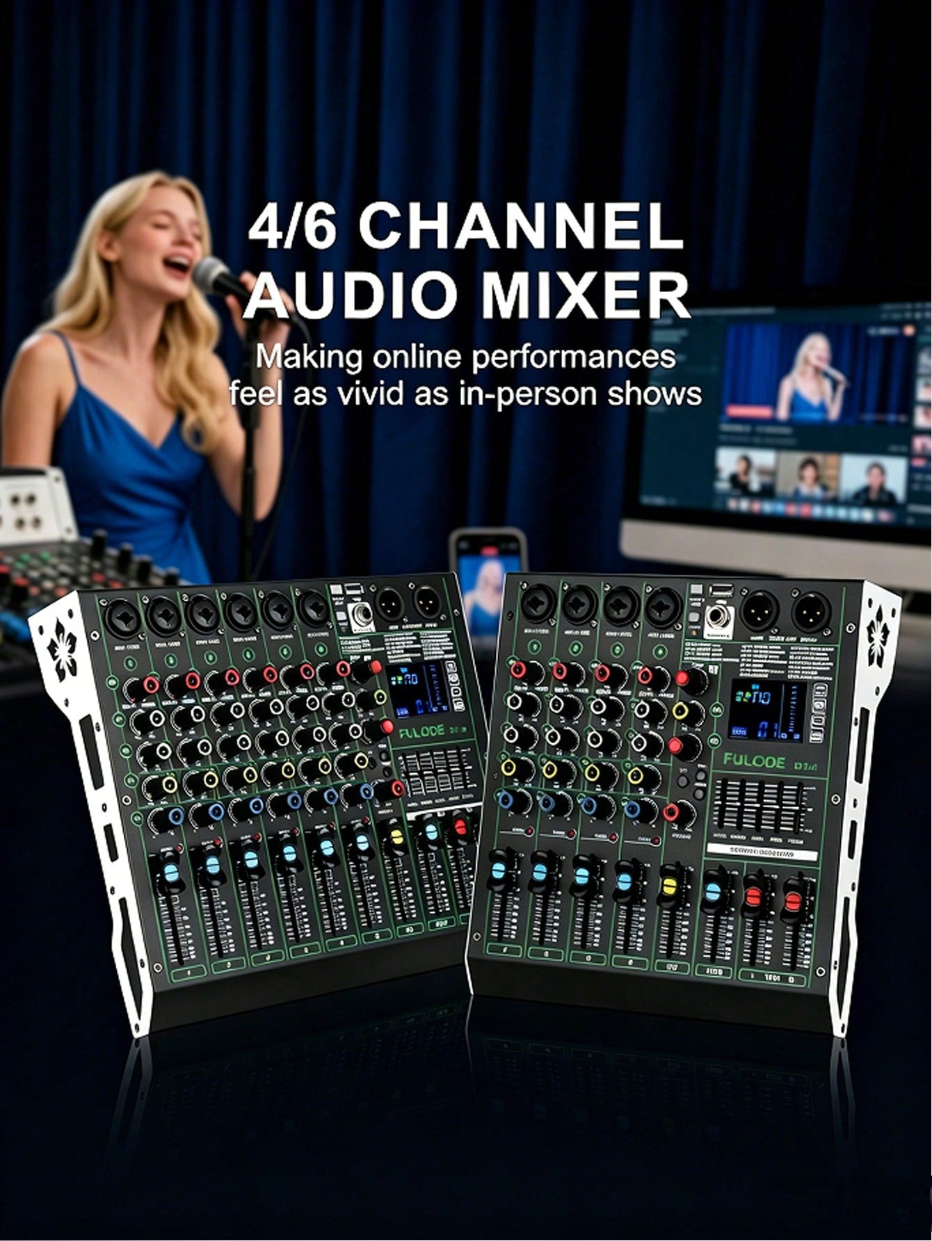 Professional DJ Audio Mixer, 4/6-Channel Sound Mixing Board With 99 DSP Effects, Wireless, 48V Phantom Power, Vocal Removal, For Live Streaming And Recording