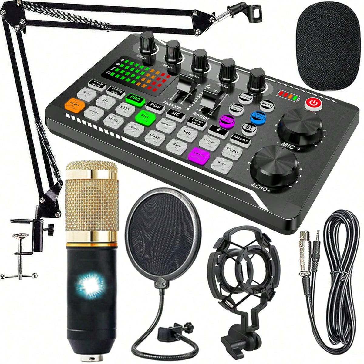 Professional Podcast DJ Equipment Bundle Kit: Live Sound Card, Audio Mixer For Console Recording, Microphone Stand – Full Music Studio Setup With 1 Mics For PC, Phone Gaming & Karaoke Streaming And Co