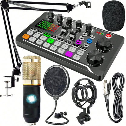 Professional Podcast DJ Equipment Bundle Kit: Live Sound Card, Audio Mixer For Console Recording, Microphone Stand – Full Music Studio Setup With 1 Mics For PC, Phone Gaming & Karaoke Streaming And Co