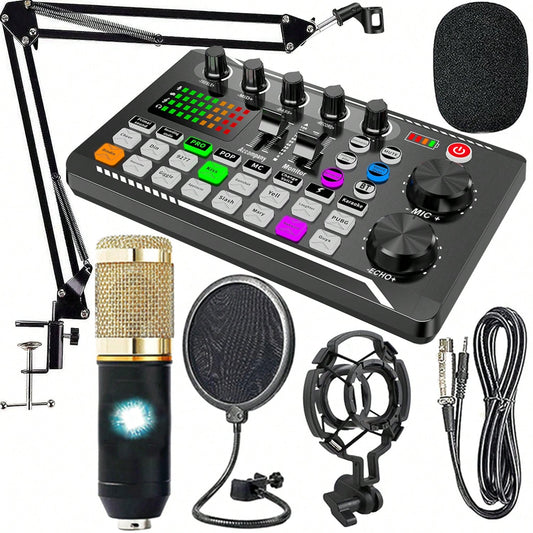Professional Podcast DJ Equipment Bundle Kit: Live Sound Card, Audio Mixer For Console Recording, Microphone Stand – Full Music Studio Setup With 1 Mics For PC, Phone Gaming & Karaoke Streaming And Co