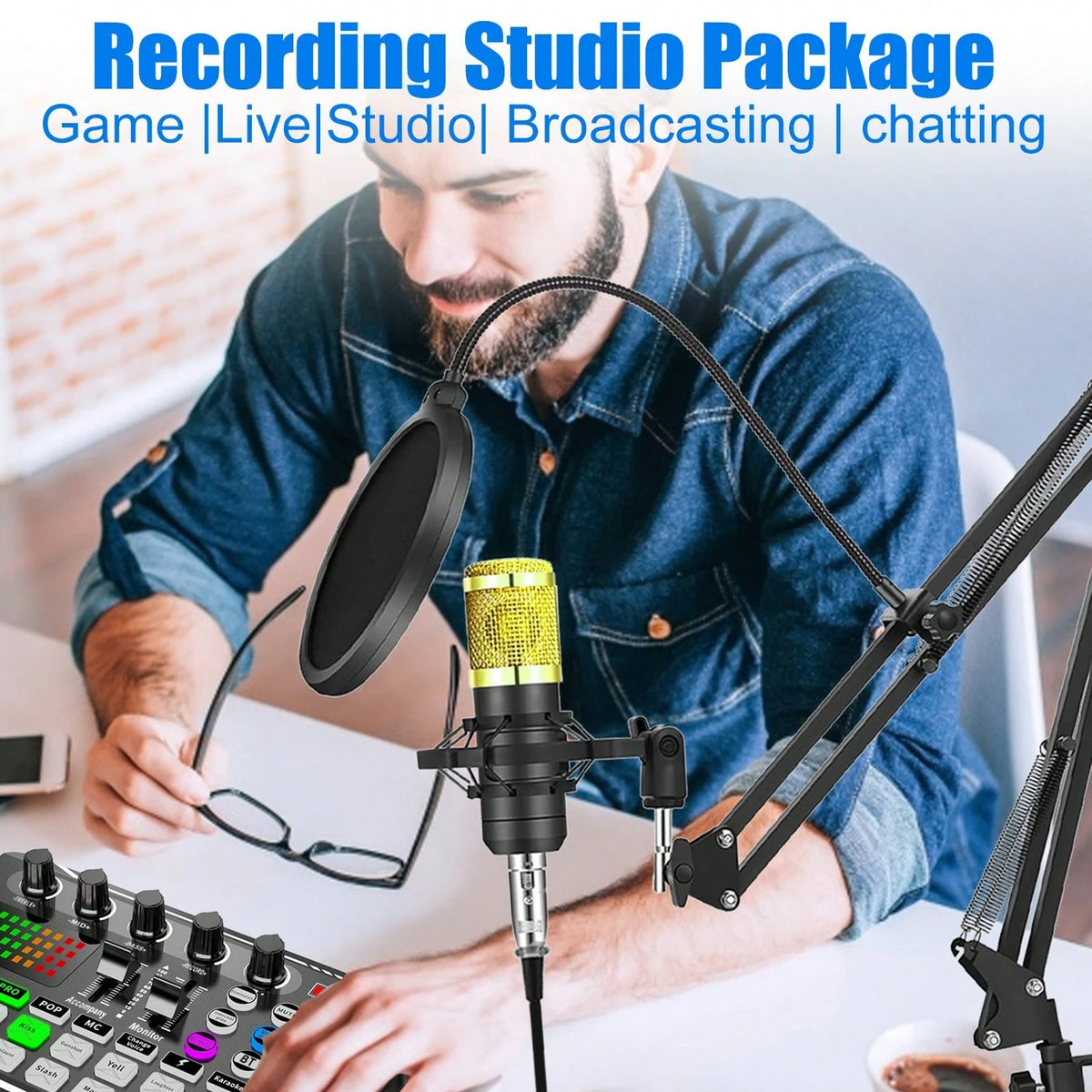 Professional Podcast DJ Equipment Bundle Kit: Live Sound Card, Audio Mixer For Console Recording, Microphone Stand – Full Music Studio Setup With 1 Mics For PC, Phone Gaming & Karaoke Streaming And Co