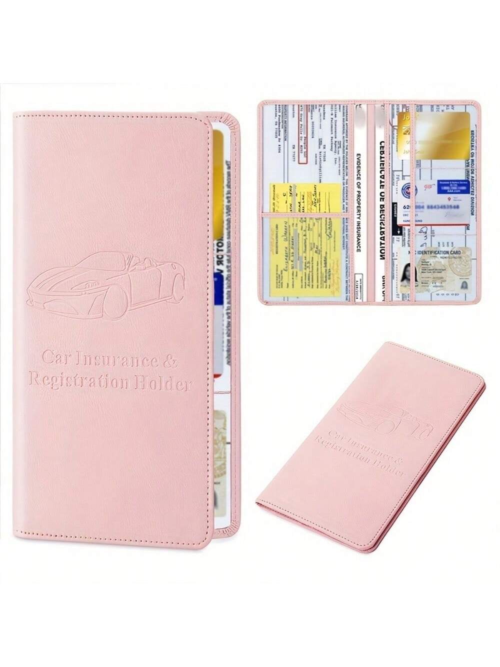 PU Leather Car Registration & Insurance Card Holder, Car Registration & Insurance Card Holder, Car Document Storage Box Glove Box Organizer Car Insurance Folder, Unisex Car Glove Box Organizer- Pink
