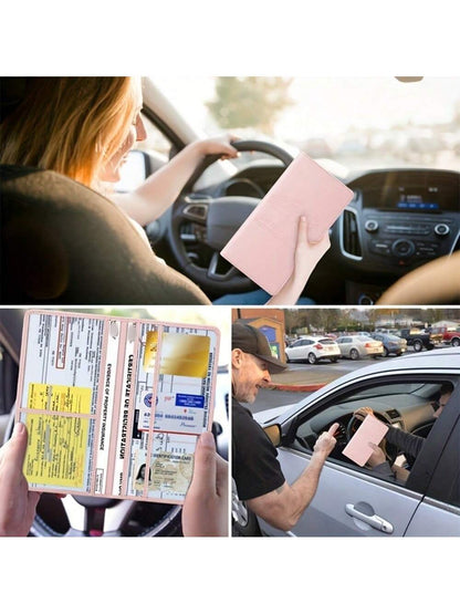 PU Leather Car Registration & Insurance Card Holder, Car Registration & Insurance Card Holder, Car Document Storage Box Glove Box Organizer Car Insurance Folder, Unisex Car Glove Box Organizer- Pink
