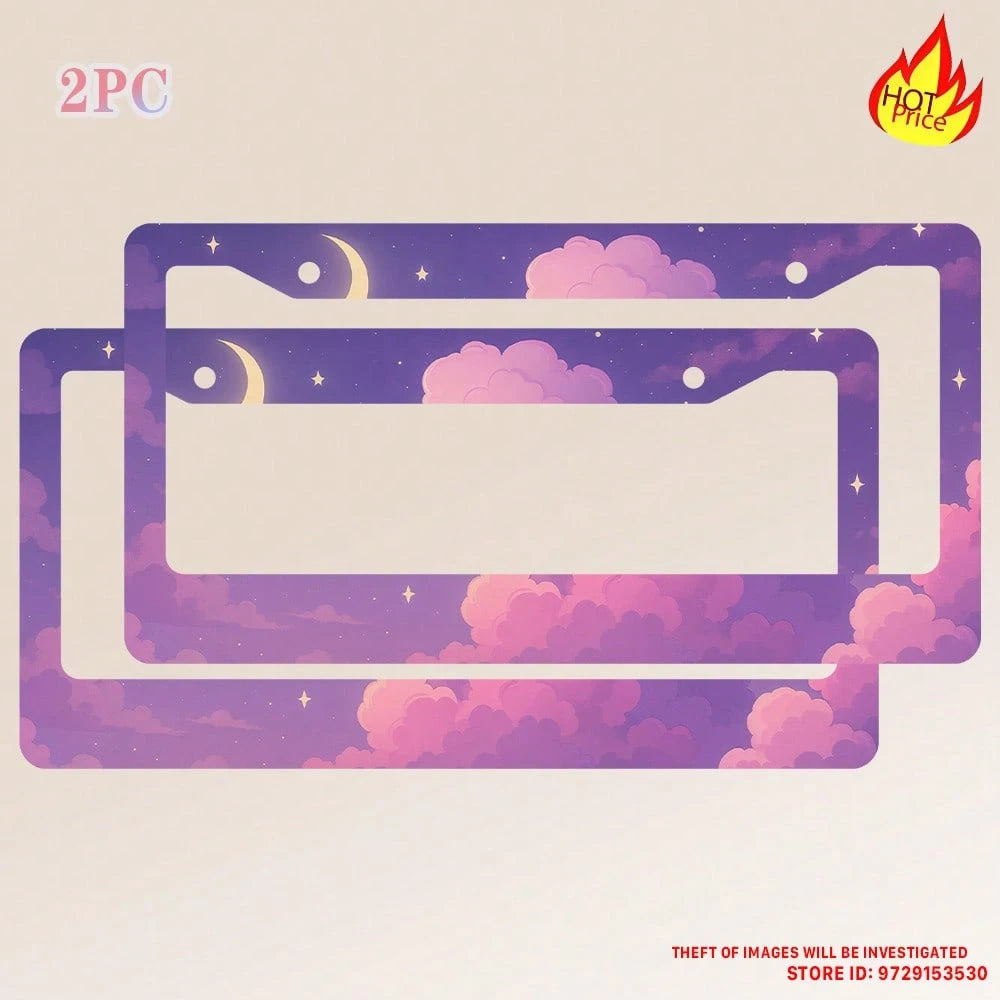 Purple Anime Cloud Moon License Plate Frame Night Scene License Plate Holder Auto Parts Rust-Proof Waterproof Car Decorative Frame Standard US 12x6 Inch 2PC