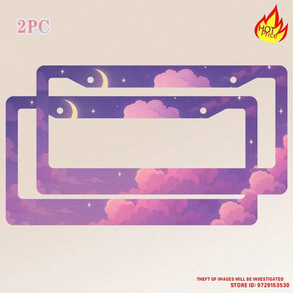 Purple Anime Cloud Moon License Plate Frame Night Scene License Plate Holder Auto Parts Rust-Proof Waterproof Car Decorative Frame Standard US 12x6 Inch 2PC