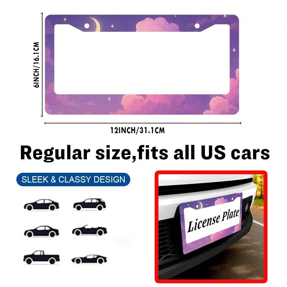 Purple Anime Cloud Moon License Plate Frame Night Scene License Plate Holder Auto Parts Rust-Proof Waterproof Car Decorative Frame Standard US 12x6 Inch 2PC
