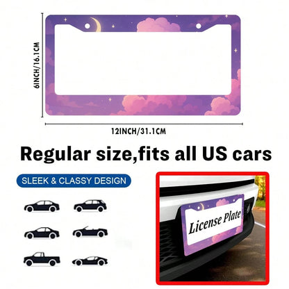 Purple Anime Cloud Moon License Plate Frame Night Scene License Plate Holder Auto Parts Rust-Proof Waterproof Car Decorative Frame Standard US 12x6 Inch 2PC