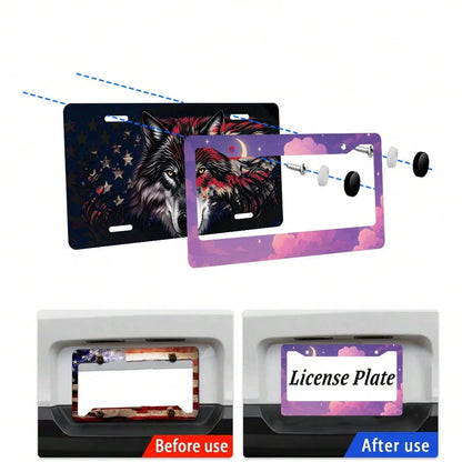 Purple Anime Cloud Moon License Plate Frame Night Scene License Plate Holder Auto Parts Rust-Proof Waterproof Car Decorative Frame Standard US 12x6 Inch 2PC