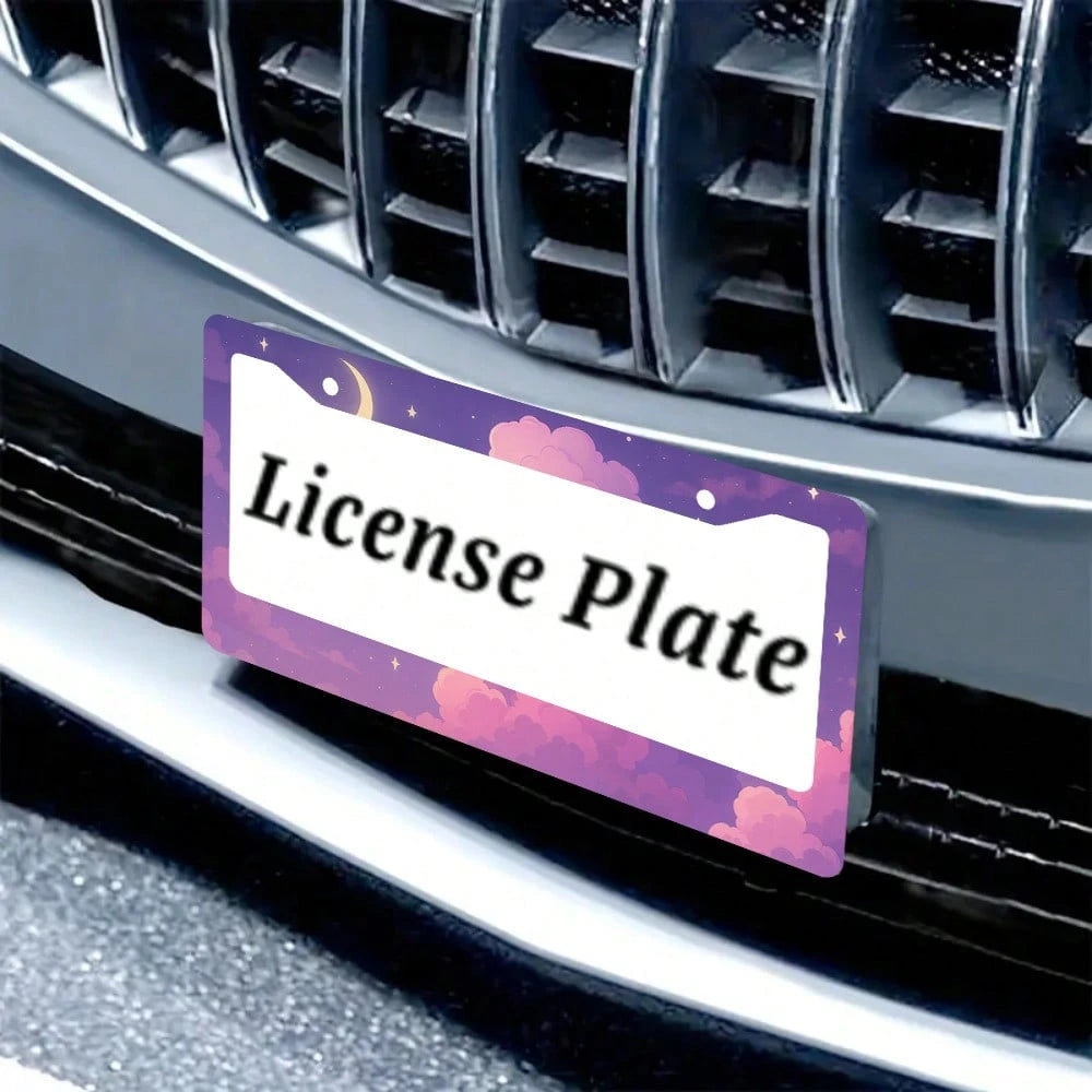Purple Anime Cloud Moon License Plate Frame Night Scene License Plate Holder Auto Parts Rust-Proof Waterproof Car Decorative Frame Standard US 12x6 Inch 2PC