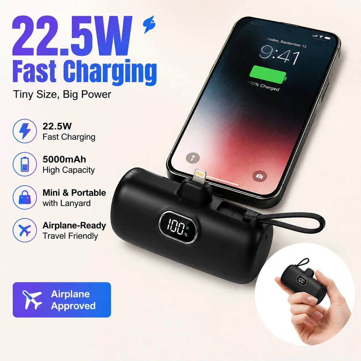 Purse-Friendly Pink 5000mAh Mini Charger With Lightning Plug, USB-C Cable And 22.5W Fast Charging, Featuring A Battery Level Screen, Lightweight Capsule Profile And Lanyard Loop For Easy Handling, Com