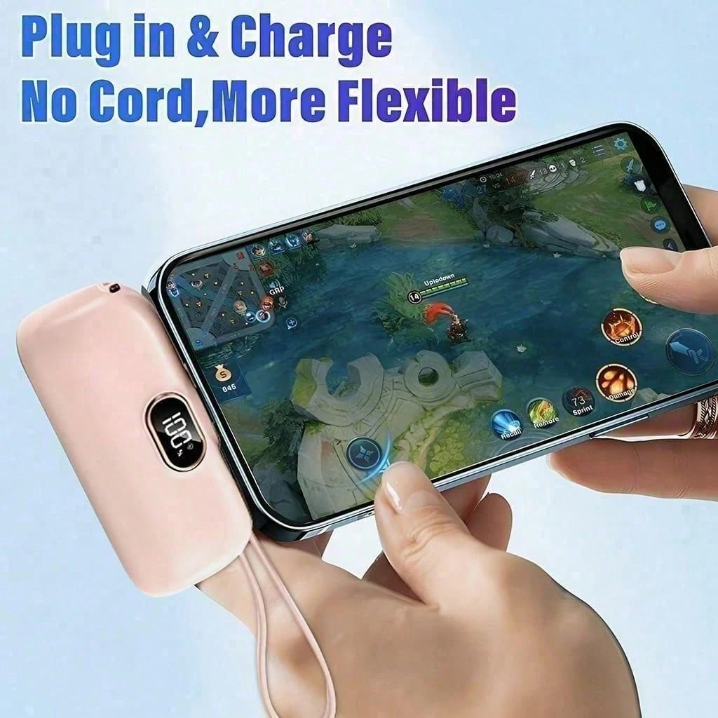Purse-Friendly Pink 5000mAh Mini Charger With Lightning Plug, USB-C Cable And 22.5W Fast Charging, Featuring A Battery Level Screen, Lightweight Capsule Profile And Lanyard Loop For Easy Handling, Com