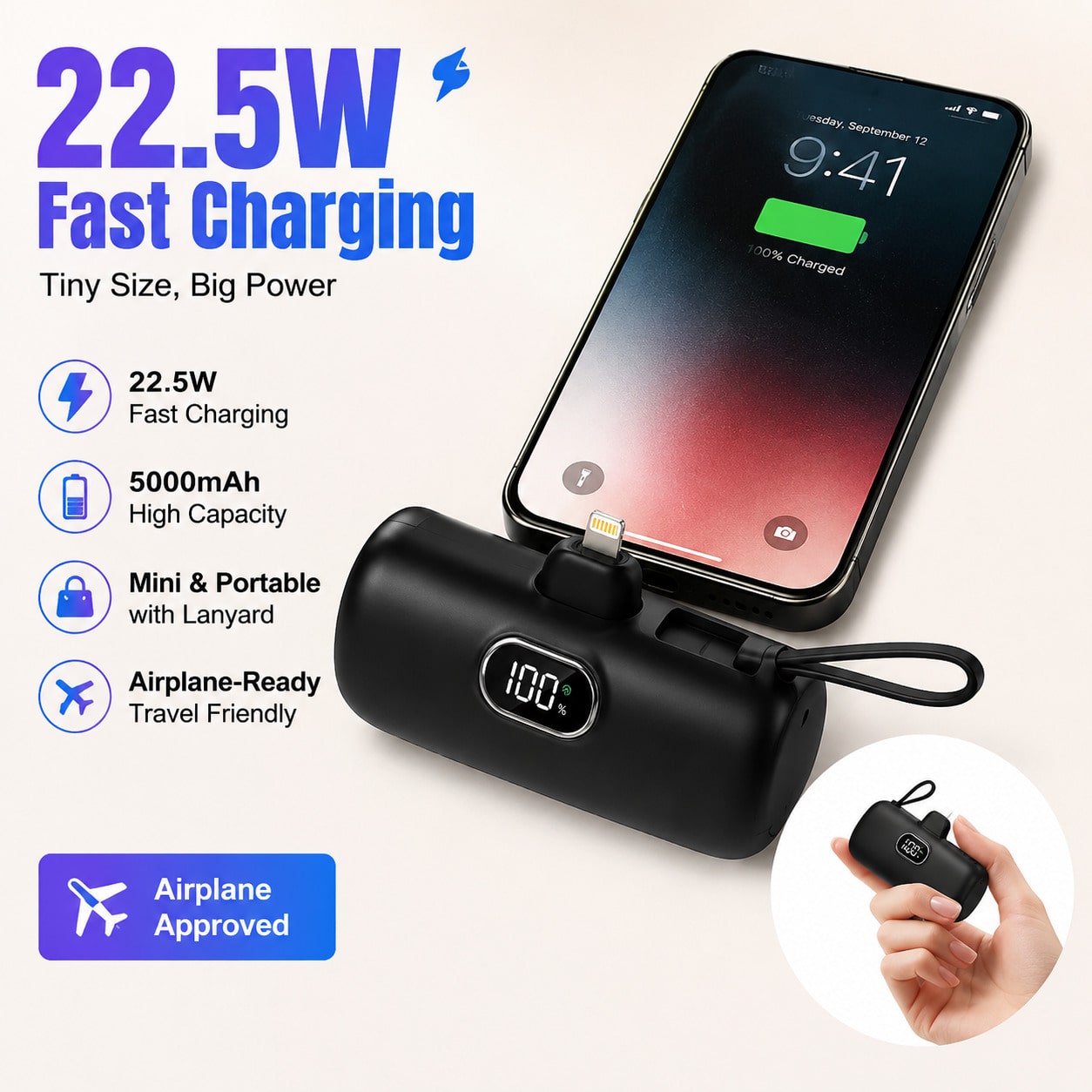 Purse-Friendly Pink 5000mAh Mini Charger With Lightning Plug, USB-C Cable And 22.5W Fast Charging, Featuring A Battery Level Screen, Lightweight Capsule Profile And Lanyard Loop For Easy Handling, Com